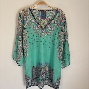 Johnny Was 100% Silk V-Neck Tunic Green Tunic Top S Embroidered Art to Wear DESC